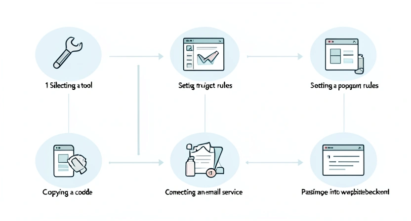 A step-by-step visual guide showing the process from choosing a popup tool to pasting the installation code onto a website.