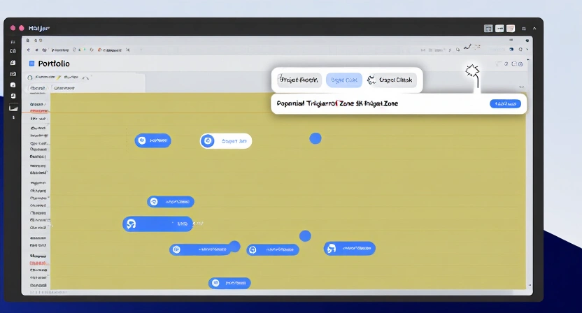 Screenshot of a heatmap and scroll depth analysis tool (like Hotjar) overlaid on a portfolio page, showing user clicks concentrated on projects and a high scroll rate, with an annotation pointing to a potential popup trigger zone
