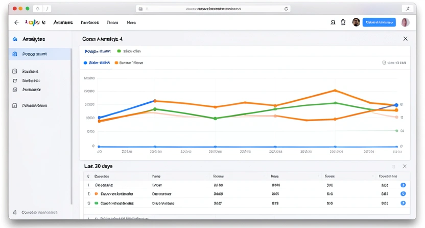Screenshot of a Google Analytics 4 dashboard filtered to show event counts for 'popup_submit', 'slidein_click', and 'banner_view' events over a 30-day period